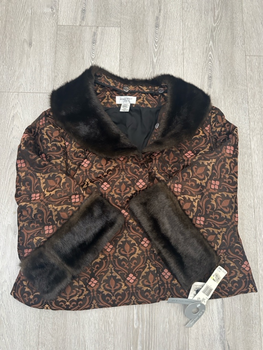 Nine West Brown Jacquard removable Faux Fur Trim Pea Coat